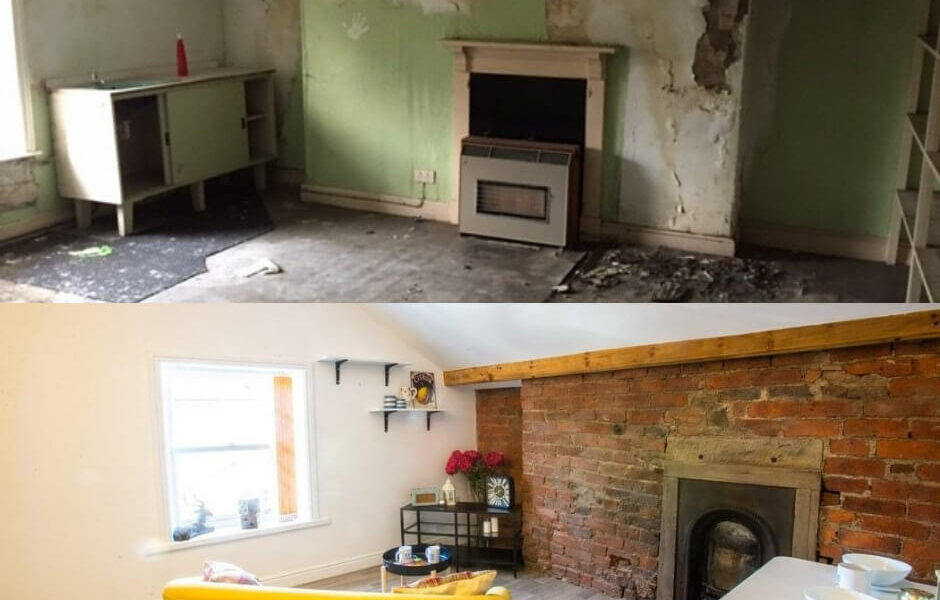 This image is split in half to show the before and after of the refurbishment. The top image shows a room with green paint coming off the walls and concrete floor. The bottom image shows a red brick wall with a fireplace, laminate flooring and a white painted wall on the left. There is a yellow sofa in the middle of the room and a white table to the right with two bowls on it. In the corner of the room is a tv stand with flower filled vases on it. On the white painted wall is a square window.